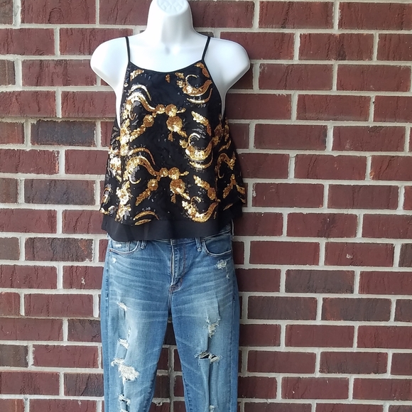 sugar + lips Tops - Womens flowy black and gold spaghetti strap top